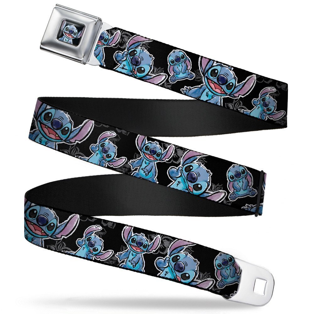 3619 Belt, Seatbelt Buckle Belt, Stitch Poses Hibiscus Sketch Black Gray